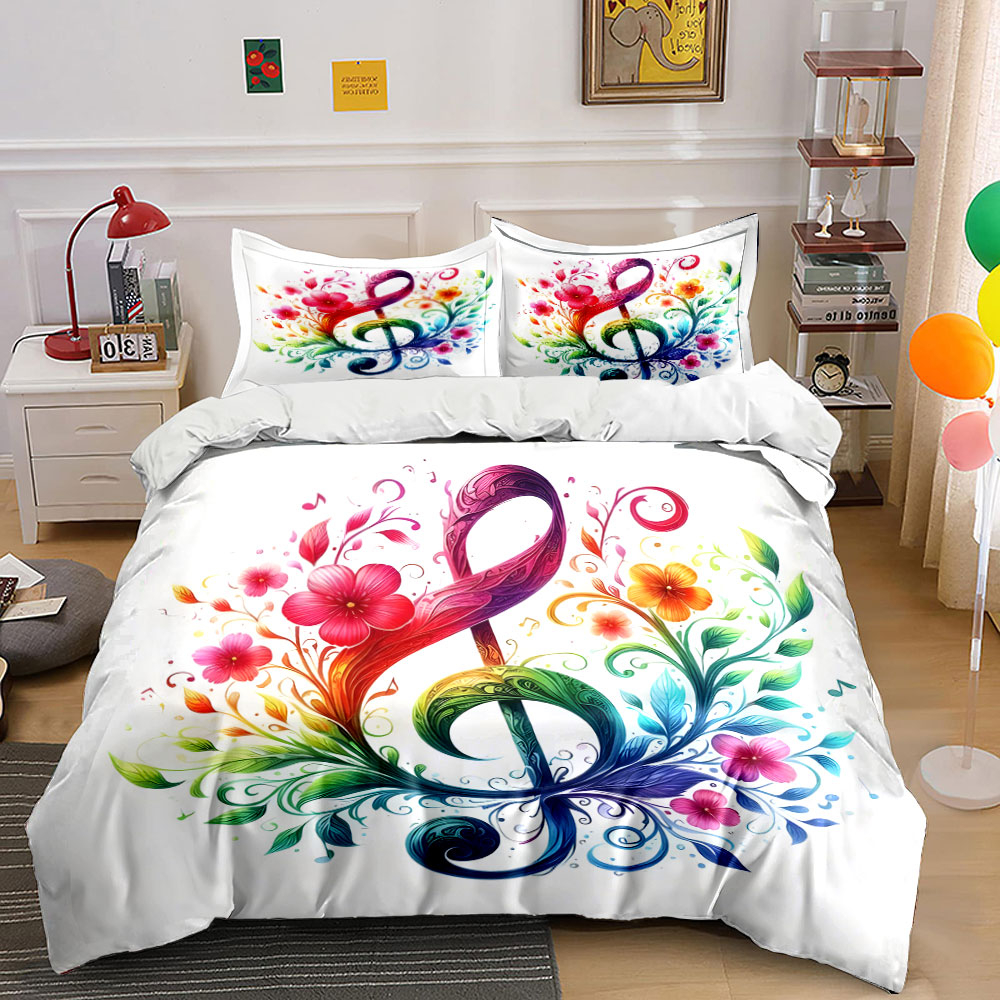 Duvet Cover Sets With Zipper - Canlı çiçek desenli müzik notası desenli