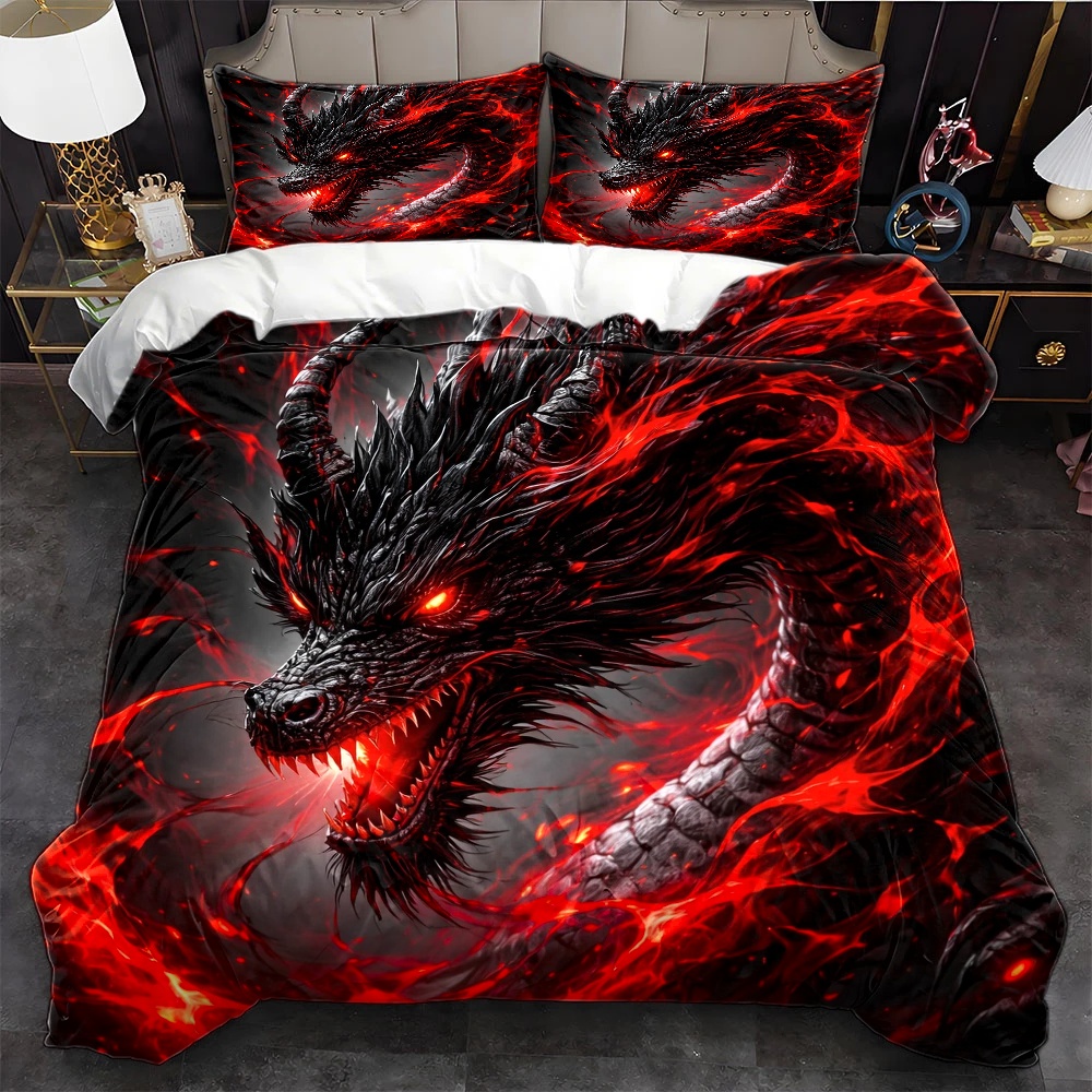 Duvet Cover Sets With Zipper - 3 Parçalı Koyu Ejderha Desenli Nevresim